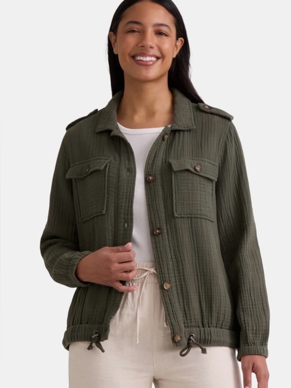 Time and Tru Olive Utility Quilted Button Jacket
